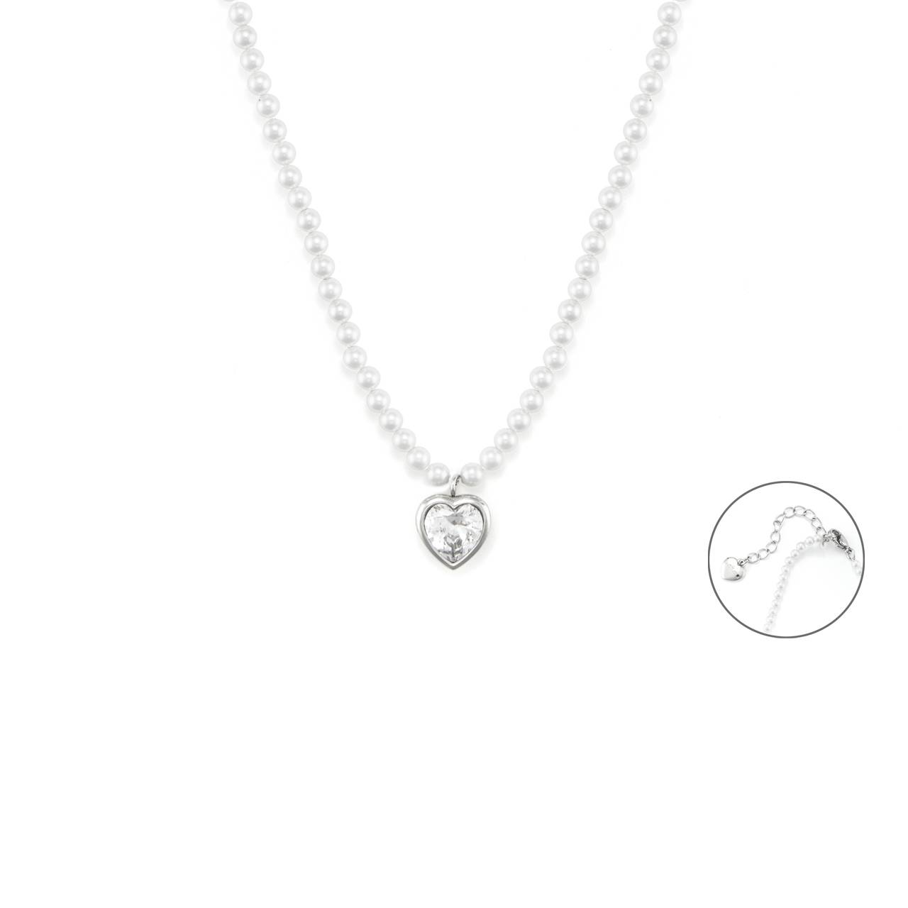 Collana Donna 4US Cesare Paciotti Acciaio Perle 4 MM Cuore Zircone 4UCL7128W